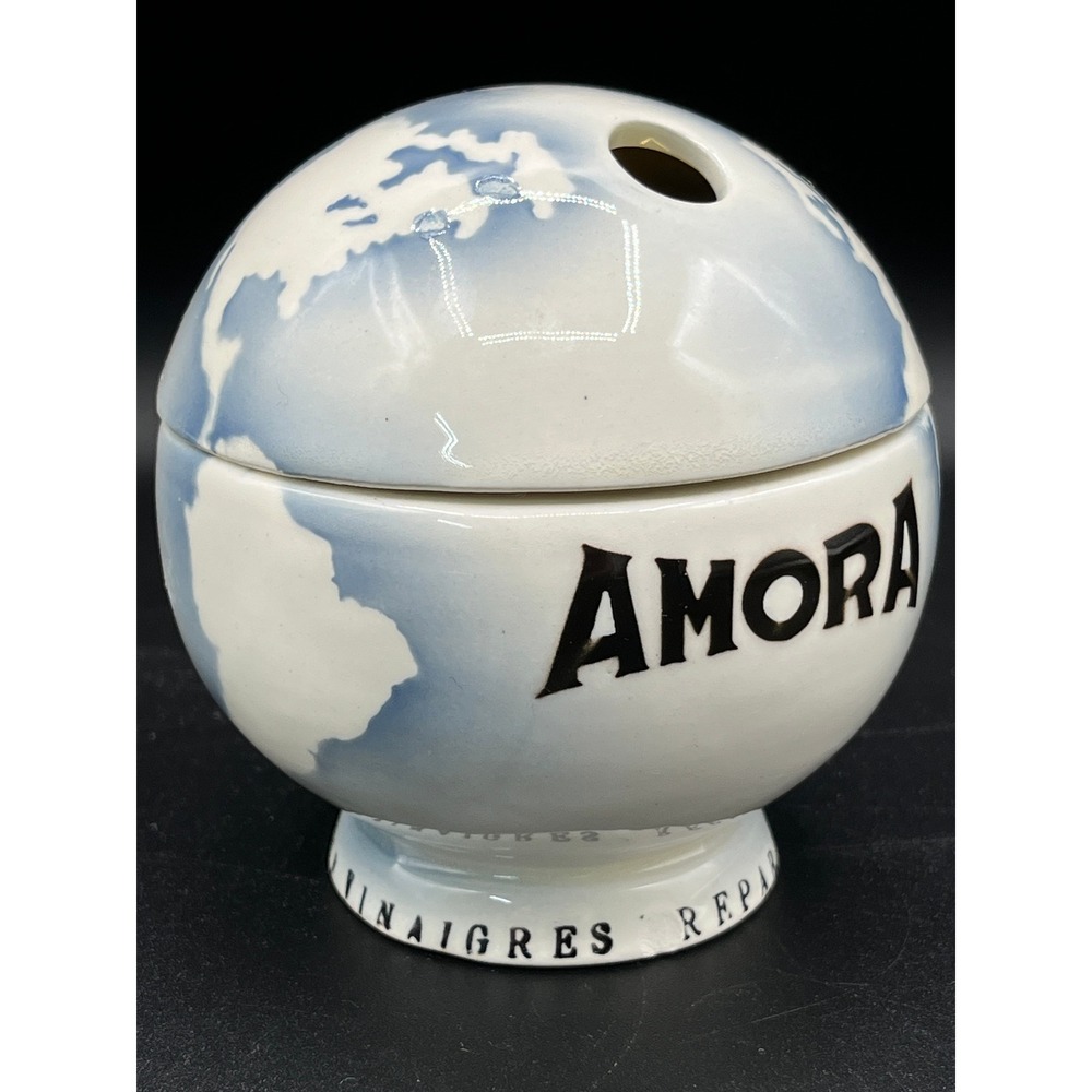 Vtg Amora Globe Mustard Pot Jar World Map Digoin Sarreguemines France Moutardier